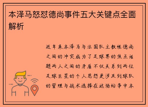 本泽马怒怼德尚事件五大关键点全面解析