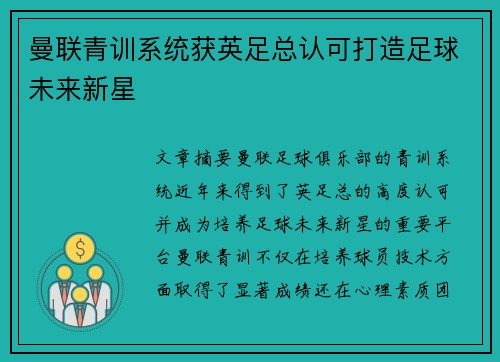 曼联青训系统获英足总认可打造足球未来新星